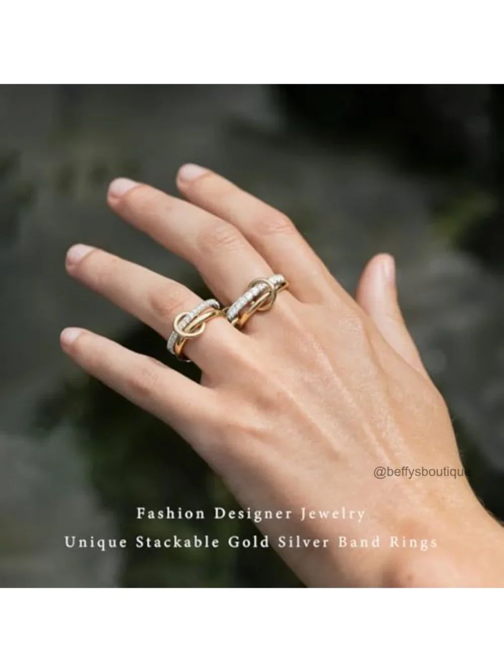 Stackable Gold Silver Band Rings Chunky Cubic Zirconia Statement Women's Ring